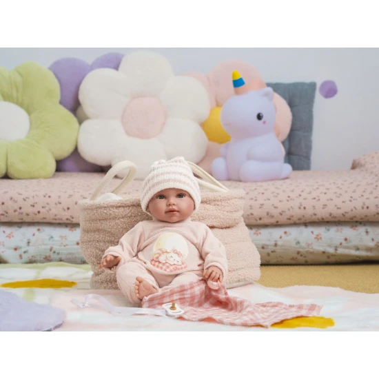 Llorens Baba Hangokkal és Puha Testtel rózsaszín ruhában kockás takaróval 38 cm Llorens Baba Hangokkal és Puha Testtel rózsaszín ruhában kockás takaróval 38 cm