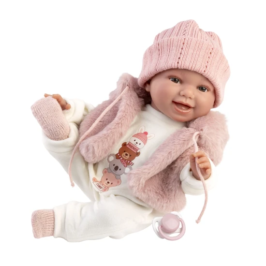 Llorens Baba Hangokkal és Puha Testtel szőrös kapucnis mellényben 38 cm