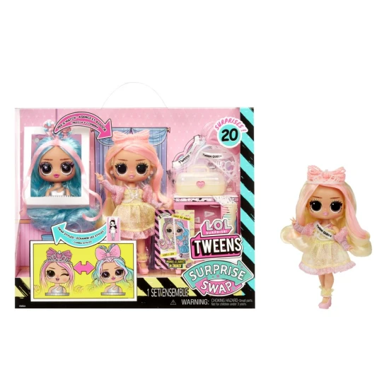 L.O.L. Surprise Swap Tweens Winnie baba mini fésülő fejjel és haj kiegészítőkkel, 16,5 cm magas
