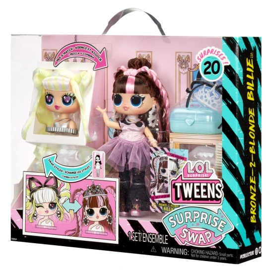 L.O.L. Surprise Swap Tweens Billie – mini baba fésülő fejjel és kiegészítőkkel L.O.L. Surprise Swap Tweens Billie baba mini fésülő fejjel és haj kiegészítőkkel, 16,5 cm magas
