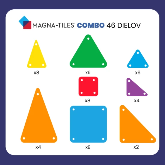 A MAGNA-TILES készlet nagy és kis darabokat kombinál.