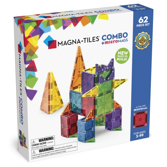A MAGNA-TILES készlet nagy és kis darabokat kombinál.
