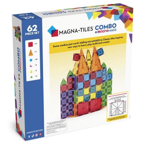 A MAGNA-TILES készlet nagy és kis darabokat kombinál.