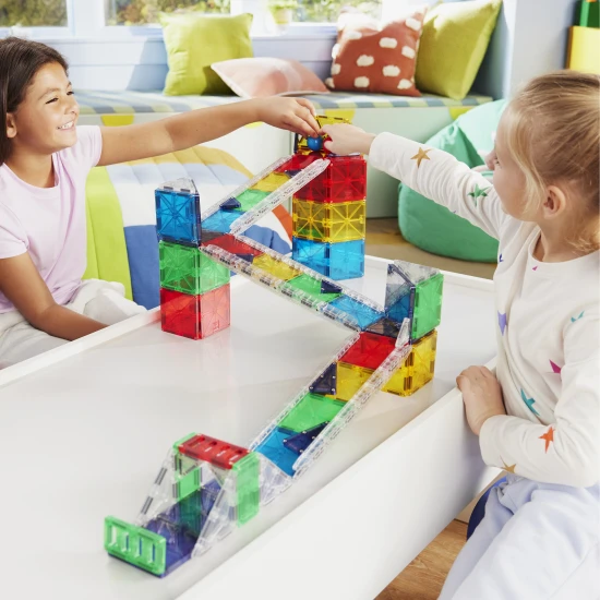 Mágneses építőkészlet MAGNA-TILES Rail Racers Deluxe - gyermek versenypálya labdákkal, sínekkel és rámpákkal