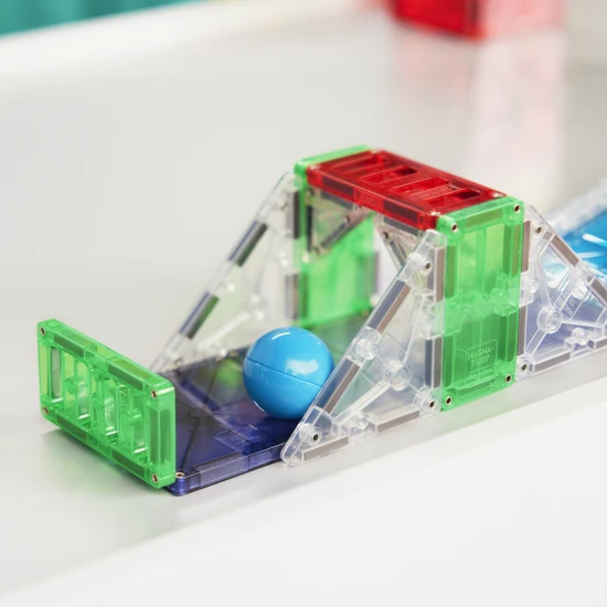Mágneses építőkészlet MAGNA-TILES Rail Racers Deluxe - gyermek versenypálya labdákkal, sínekkel és rámpákkal