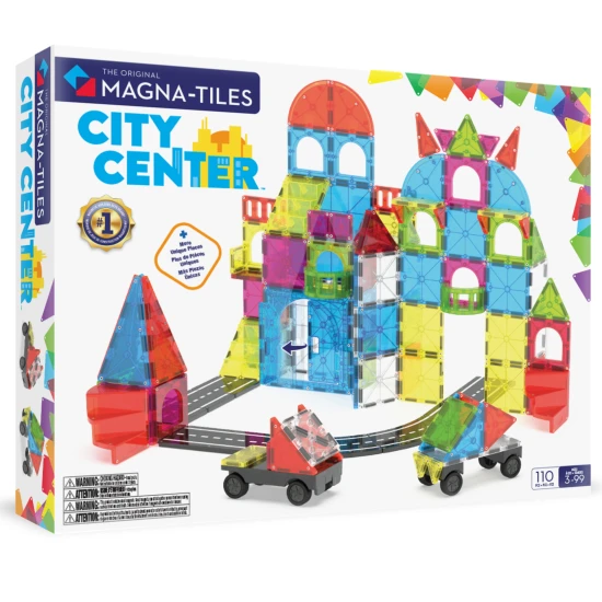 Mágneses építőkészlet MAGNA-TILES City Center - 110 rész utakkal, lépcsőkkel, autókkal és városi elemekkel