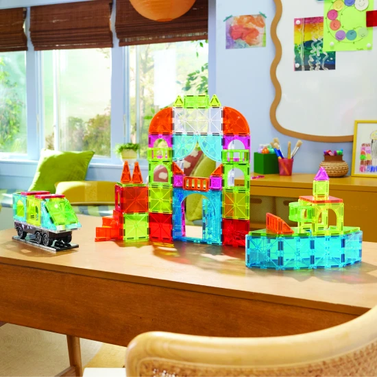 Mágneses építőkészlet MAGNA-TILES City Center - 110 rész utakkal, lépcsőkkel, autókkal és városi elemekkel