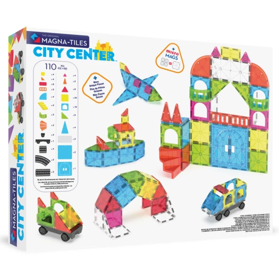 Mágneses építőkészlet MAGNA-TILES City Center - 110 rész utakkal, lépcsőkkel, autókkal és városi elemekkel