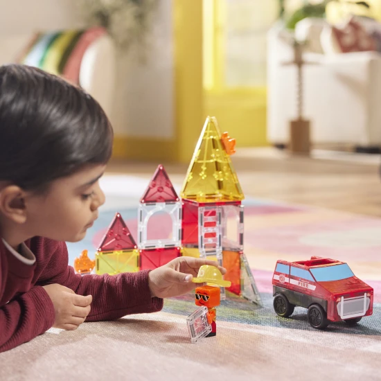 Mágneses építőkészlet MAGNA-TILES Fire Rescue - gyermek tűzoltóautó, tűzoltó figura és tűzalkatrészek