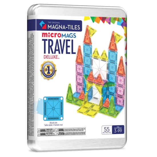 Mágneses építőkészlet MAGNA-TILES Travel Set Deluxe - 55 mini darab bádogtokban, útközbeni játékhoz