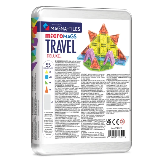 Mágneses építőkészlet MAGNA-TILES Travel Set Deluxe - 55 mini darab bádogtokban, útközbeni játékhoz
