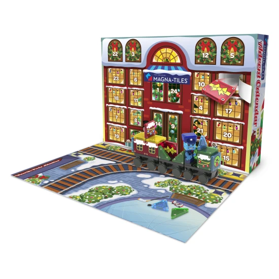 Mágneses építőkészlet MAGNA-TILES microMAGS Adventi naptár - 34 darab karácsonyi motívumokkal, figurákkal és mikro házzal