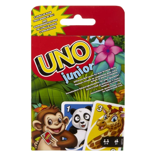 UNO Junior Állatok – Egyszerűsített kártyajáték fiatalabb játékosoknak aranyos állatokkal és három játékszinttel