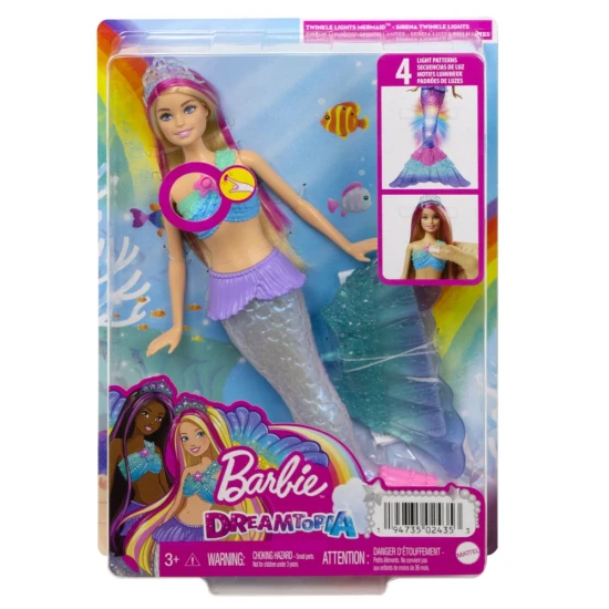 Barbie™ villogó hableány baba gyöngyházas farokkal, amely a négy színes show egyikében világít, és olyan kiegészítőkkel, mint a szivárványuszony és a hercegnő tiara.