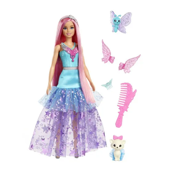 Barbie Malibu baba mesebeli ruhában, pasztell hajjal és kiskutyával.
