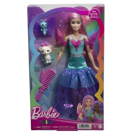Barbie Malibu baba mesebeli ruhában, pasztell hajjal és kiskutyával.