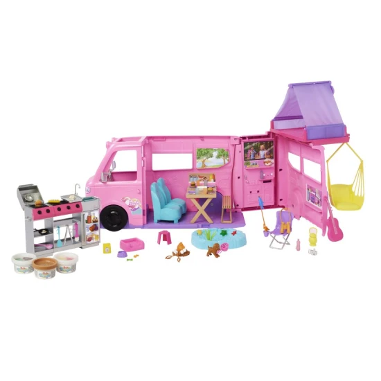Barbie Álomkaraván sátrával és kiegészítőkkel – játék 3 éves kortól, ideális kalandokhoz és szabadtéri játékhoz.