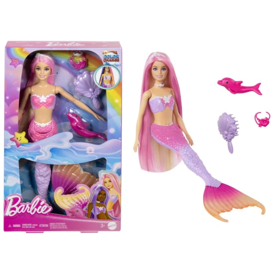 Barbie sellő a Barbie és a varázslat érintése film ihletésével színváltó uszonnyal, hosszú hajjal, stílus kiegészítőkkel és óceáni kisállattal – játék 3 éves kortól.
