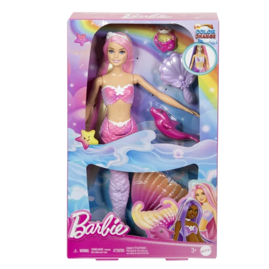 Barbie sellő a Barbie és a varázslat érintése film ihletésével színváltó uszonnyal, hosszú hajjal, stílus kiegészítőkkel és óceáni kisállattal – játék 3 éves kortól.
