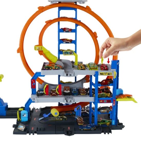 Hot Wheels City Maxi Garázs három szinttel, kilövő mechanizmussal és működő autómosóval