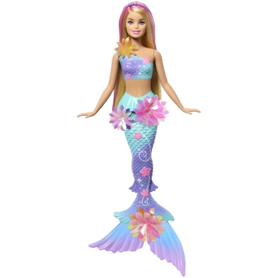 Barbie sellő szivárványos uszonyokkal, varázslatosan kibomló virágokkal és gyöngy fejpánttal – játék gyerekeknek 3 éves kortól.