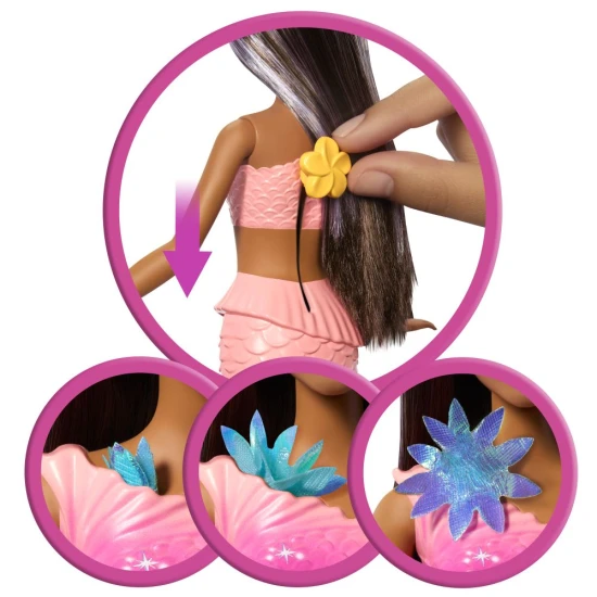 Barbie sellő szivárványos uszonyokkal, virágokkal és gyöngy fejpánttal – játék gyerekeknek 3 éves kortól.