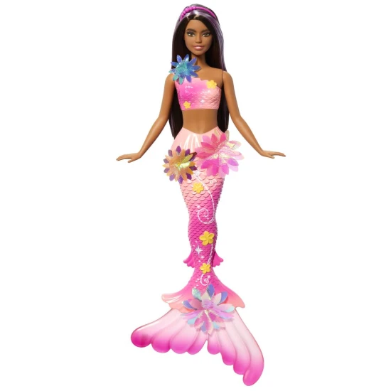 Barbie sellő szivárványos uszonyokkal, virágokkal és gyöngy fejpánttal – játék gyerekeknek 3 éves kortól.