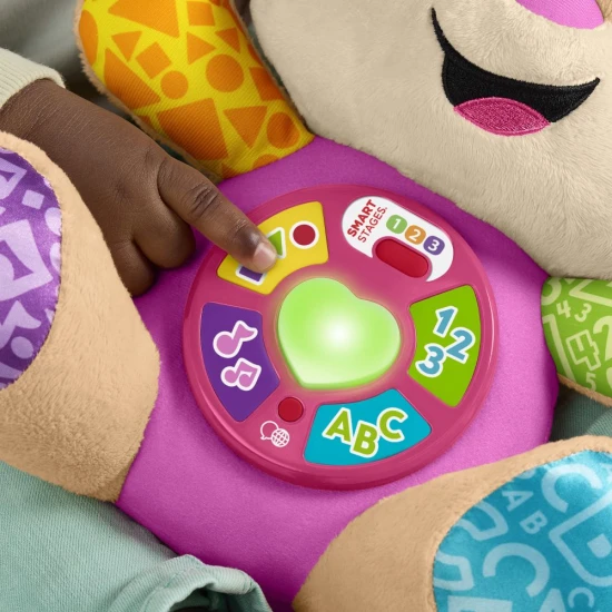 Beszélő kutyus Fisher-Price Smej es Poznavj interaktív plüssjáték gyerekeknek dallamokkal és világító szívvel