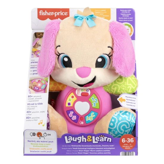 Beszélő kutyus Fisher-Price Smej es Poznavj interaktív plüssjáték gyerekeknek dallamokkal és világító szívvel
