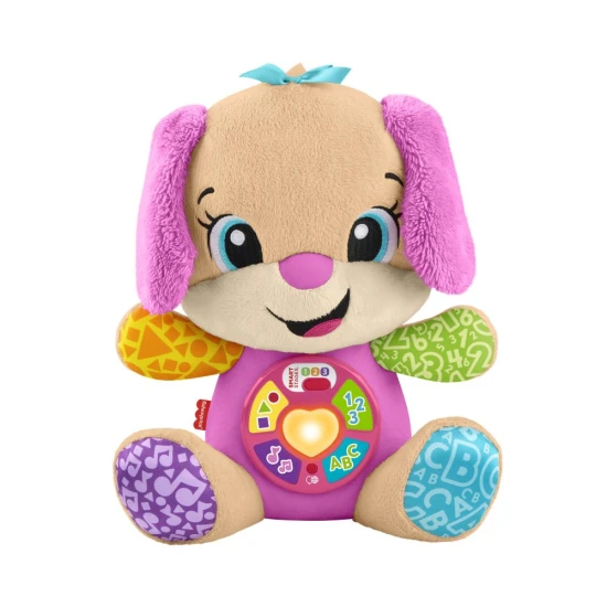 Beszélő kutyus Fisher-Price Smej es Poznavj interaktív plüssjáték gyerekeknek dallamokkal és világító szívvel