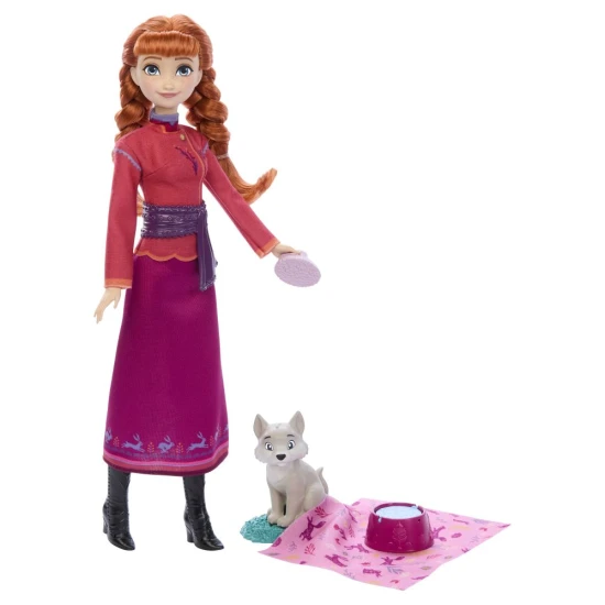 Anna baba a Disney Jégvarázsból kis farkaskölyökkel és kiegészítőkkel – Frozen játékszett gyerekeknek 3 éves kortól.