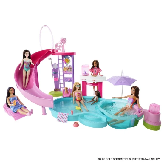 Barbie Álompancsoló medence csúszdával, pezsgőfürdővel és snack bárral – játék 3 éves kortól, ideális vízi szórakozáshoz és medencebulikhoz.
