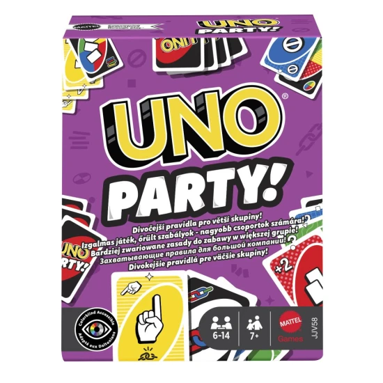 UNO Party – Speciális UNO kiadás nagyobb játékoscsoportok számára 168 kártyával, új szabályokkal és szórakoztató interaktív elemekkel