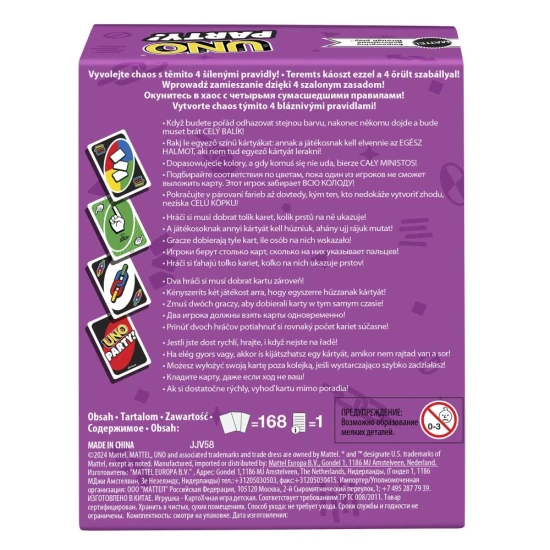 UNO Party – Speciális UNO kiadás nagyobb játékoscsoportok számára 168 kártyával, új szabályokkal és szórakoztató interaktív elemekkel