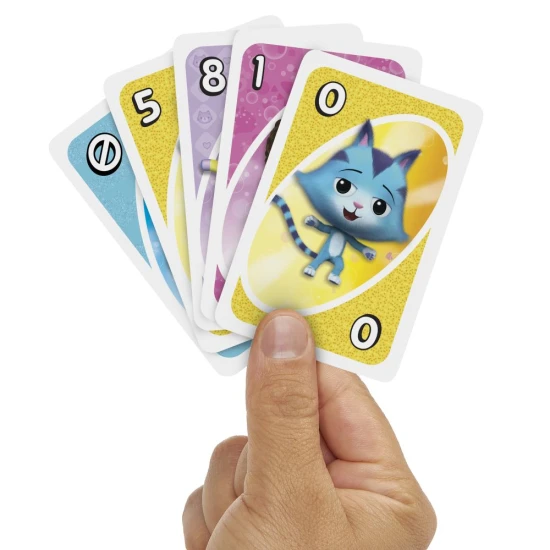 UNO Junior Katicás változat a Gabby’s Dollhouse kártyajáték gyerekeknek, animációs sorozat karaktereivel