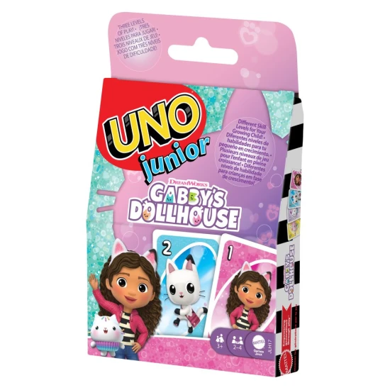 UNO Junior Katicás változat a Gabby’s Dollhouse kártyajáték gyerekeknek, animációs sorozat karaktereivel