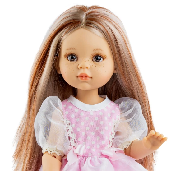 Paola Reina Miriam baba 32 cm Valósághű Miriam baba 32 cm vastag, világos hajjal, rózsaszín és fehér ruhába öltözve, ideális szerepjátékhoz.