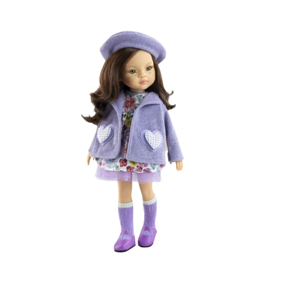 Valósághű Sofia baba 32 cm barna hajjal, kék szemmel, virágos ruhában, lila kabáttal és berettel, Paolo Reinotól.