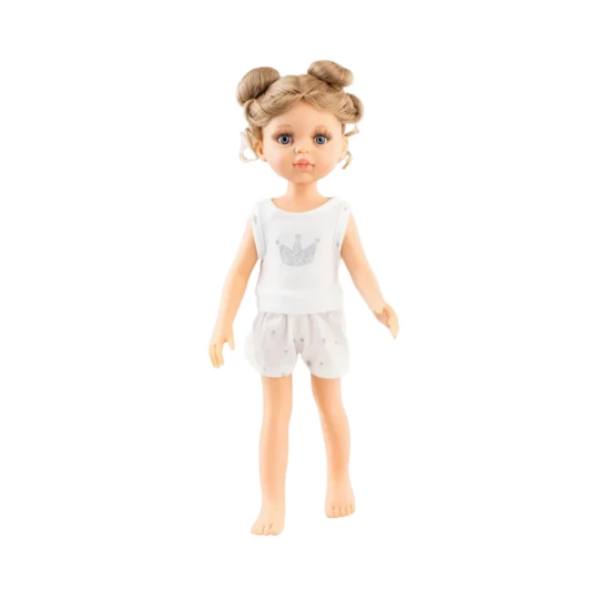 Valeria 32 cm-es valósághű baba pizsamában, szőke kontyban és kék szemekkel, Paolo Reinotól.