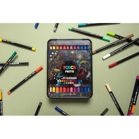 Posca Wax pasztell POSCA 24 db Nagy sűrűségű pasztell készlet hosszú, vékony testtel, ideális színezéshez, részletmunkához és kontrasztos hatások létrehozásához. Japánban készült, professzionális használatra alkalmas.