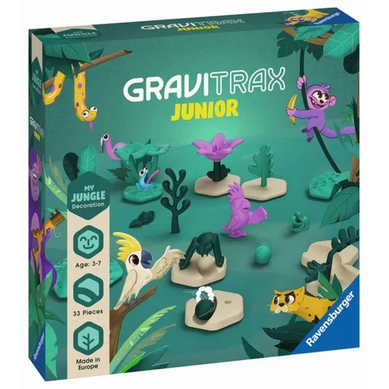 GraviTrax Junior dzsungel labdapálya gyerekeknek 3 éves kortól, díszítőelemekkel és állatfigurákkal.
