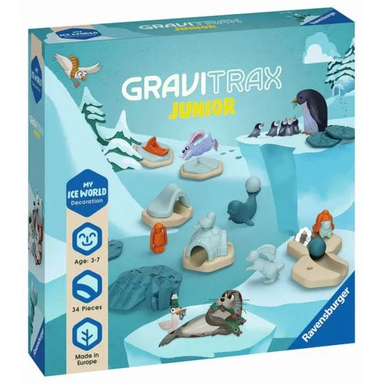 GraviTrax Junior Ice world: Labdapálya díszítőelemekkel és téli környezetből származó állatfigurákkal.