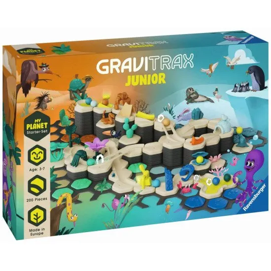 GraviTrax Junior Starter készlet My world: Labdapálya dzsungel, jég, sivatag és óceán témájú világokkal gyerekeknek 3 éves kortól.