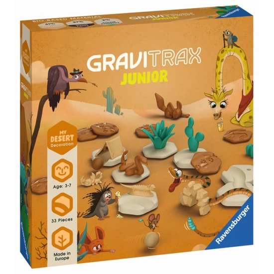 GraviTrax Junior Desert bővítmény tematikus építőelemekkel és fából készült bioműanyag állatfigurákkal gyerekeknek.