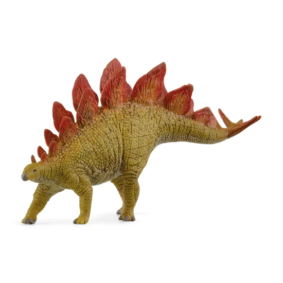 Egy stegosaurus lenyűgöző csontos lemezekkel a hátán, a réten sétálva.