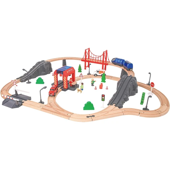 Gyermek fa XXL vonatpálya tűzoltóautó témával és egy személyvonattal