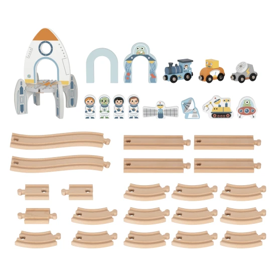 Űrvonat pálya űrhajósokkal, egy UFO-val és egy űrrakétával.