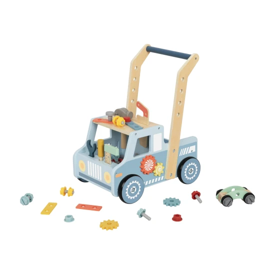 Fából készült, többfunkciós sétáló, Tooky Toy tevékenységekkel és eszközökkel.