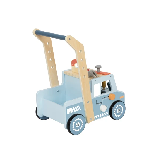 Fából készült, többfunkciós sétáló, Tooky Toy tevékenységekkel és eszközökkel.