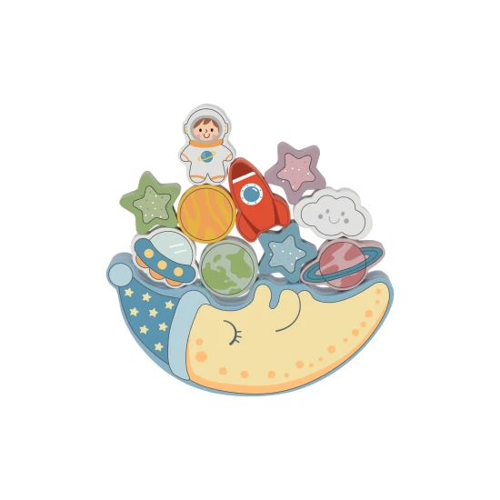 Fából készült hinta űrkockákkal és húrozással egyben.